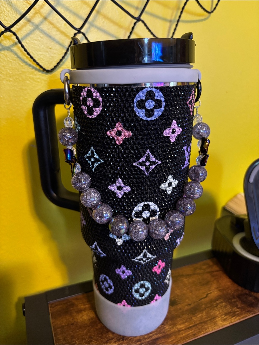 Stanley Black Tumbler Cover with Pastel Pink Blue Purple Accents
